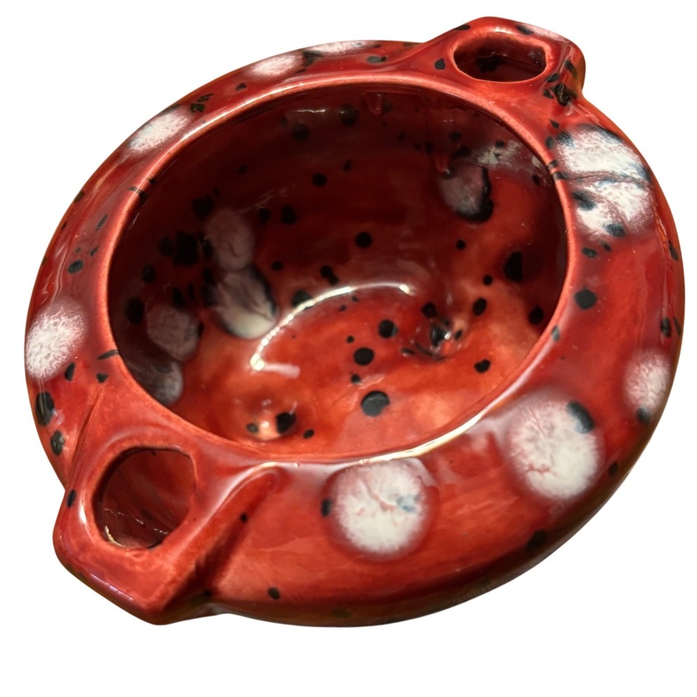 Vintage Mid-Century Red Crystalline Drip Glaze Ceramic Pipe Ashtray Footed Bowl